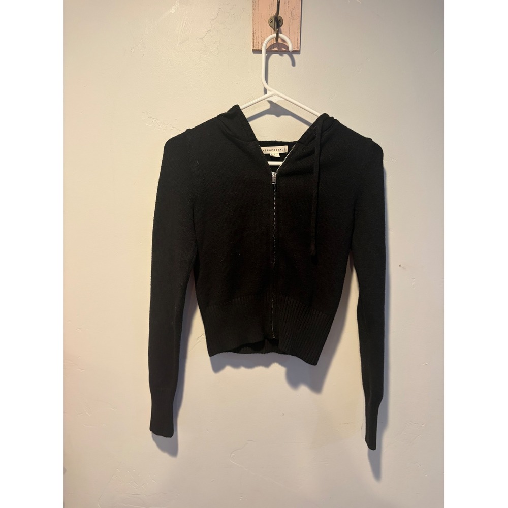 Aeropostale Black Knit Cropped Zip Up Hoodie Sweater Small